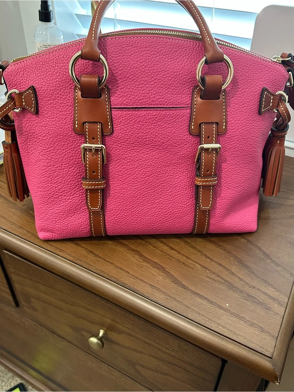 Dooney & Bourke Hot Pink Pebble Leather Satchel with Tan Trim